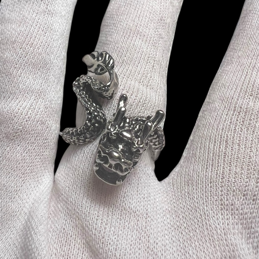 Silver steel gothic dragon wrap ring Sz 8